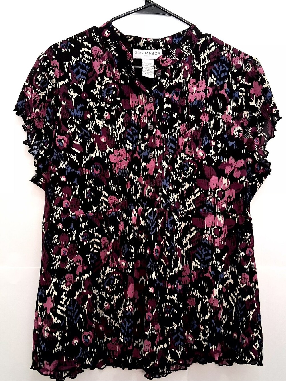 SAG HARBOR Black Floral Ruffle Sleeve Button-Front Blouse Size 1X